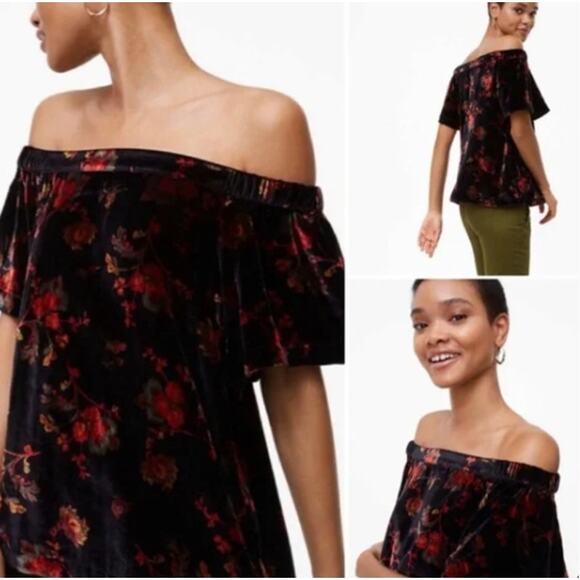 LOFT Petite Black Floral Off Shoulder Velvet Top Size XSP - Picture 1 of 10